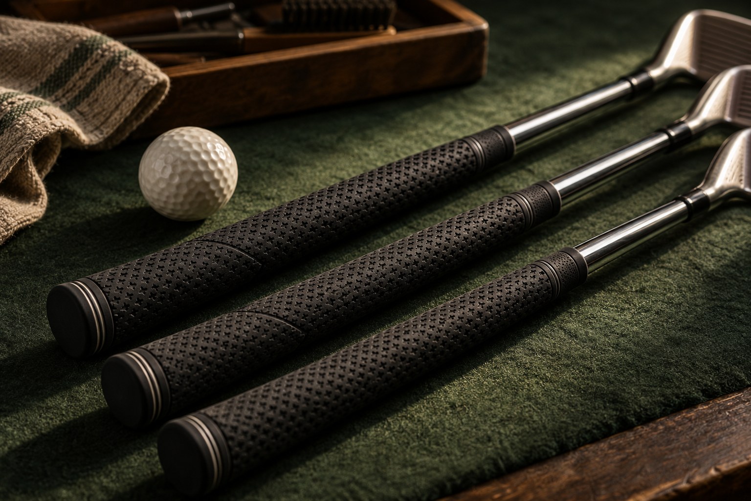 Illustrative close-up of textured golf grips on a green workbench